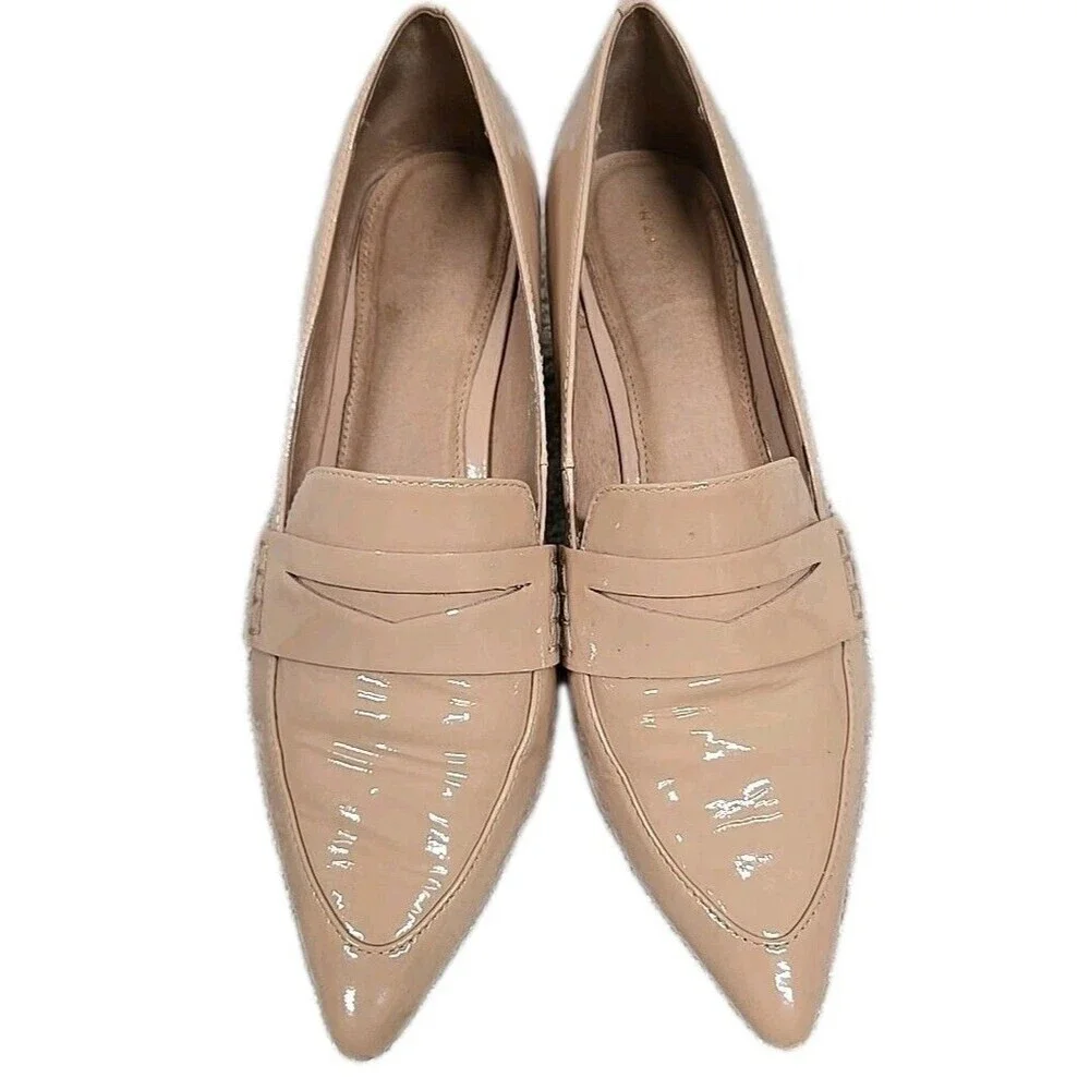 Halogen Loafers Heels Pointed Toe Slip On shoes Shiny Leather Beige Women's‎ 7.5